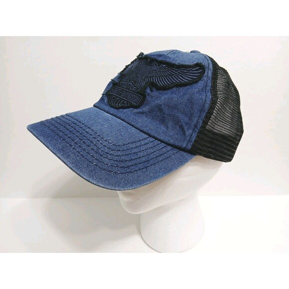 Harley Davidson Eagle Trucker Hat Denim Mesh Snapback Blue Black Retro Big Logo - Picture 2 of 7